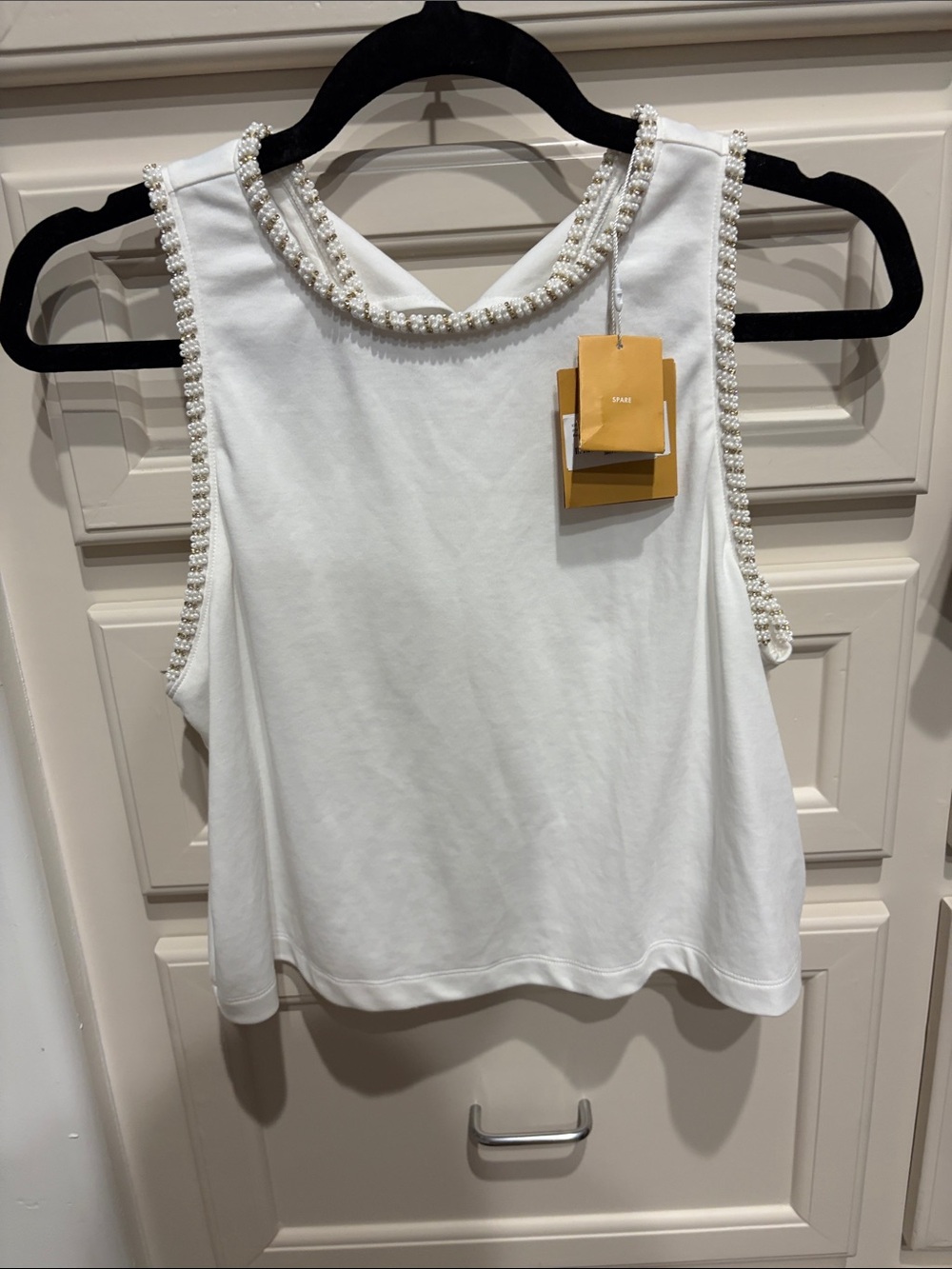 Sandro White Sleeveless Tank with Pearl Trim